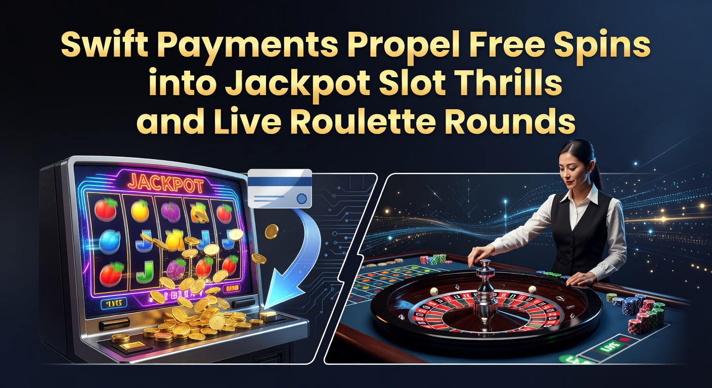 Dynamische Darstellung von Swift Payments, die Free Spins in leuchtende Jackpot-Slots und Live-Roulette-Tische leiten