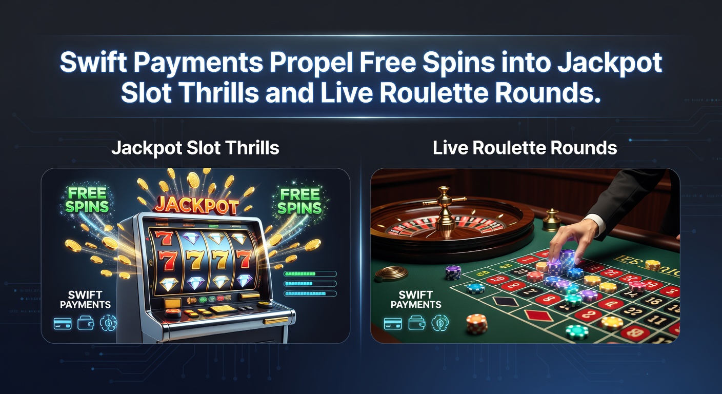 Lebendige Szene von Jackpot-Slot-Explosionen, Free Spins und einem Live-Roulette-Tisch mit Swift-Payment-Icons