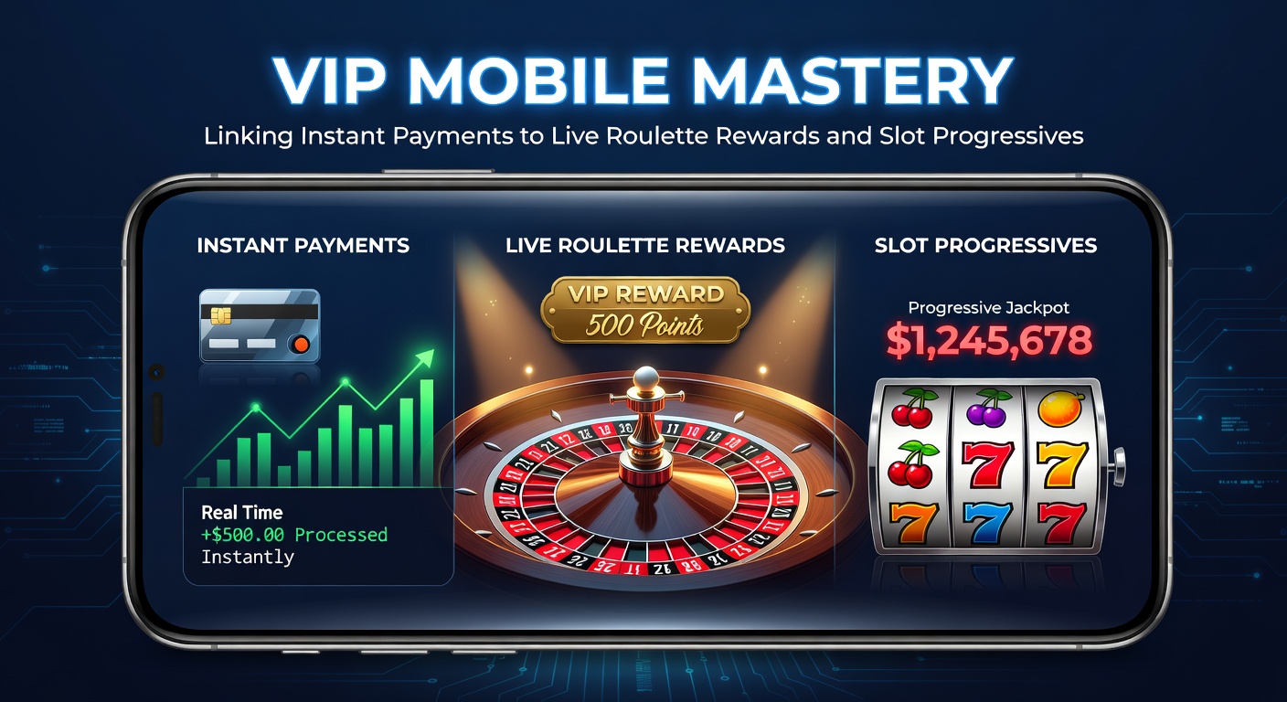 Smartphone mit VIP-Casino-App, das Live-Roulette und progressive Slots mit blitzschnellen Zahlungsikonen zeigt